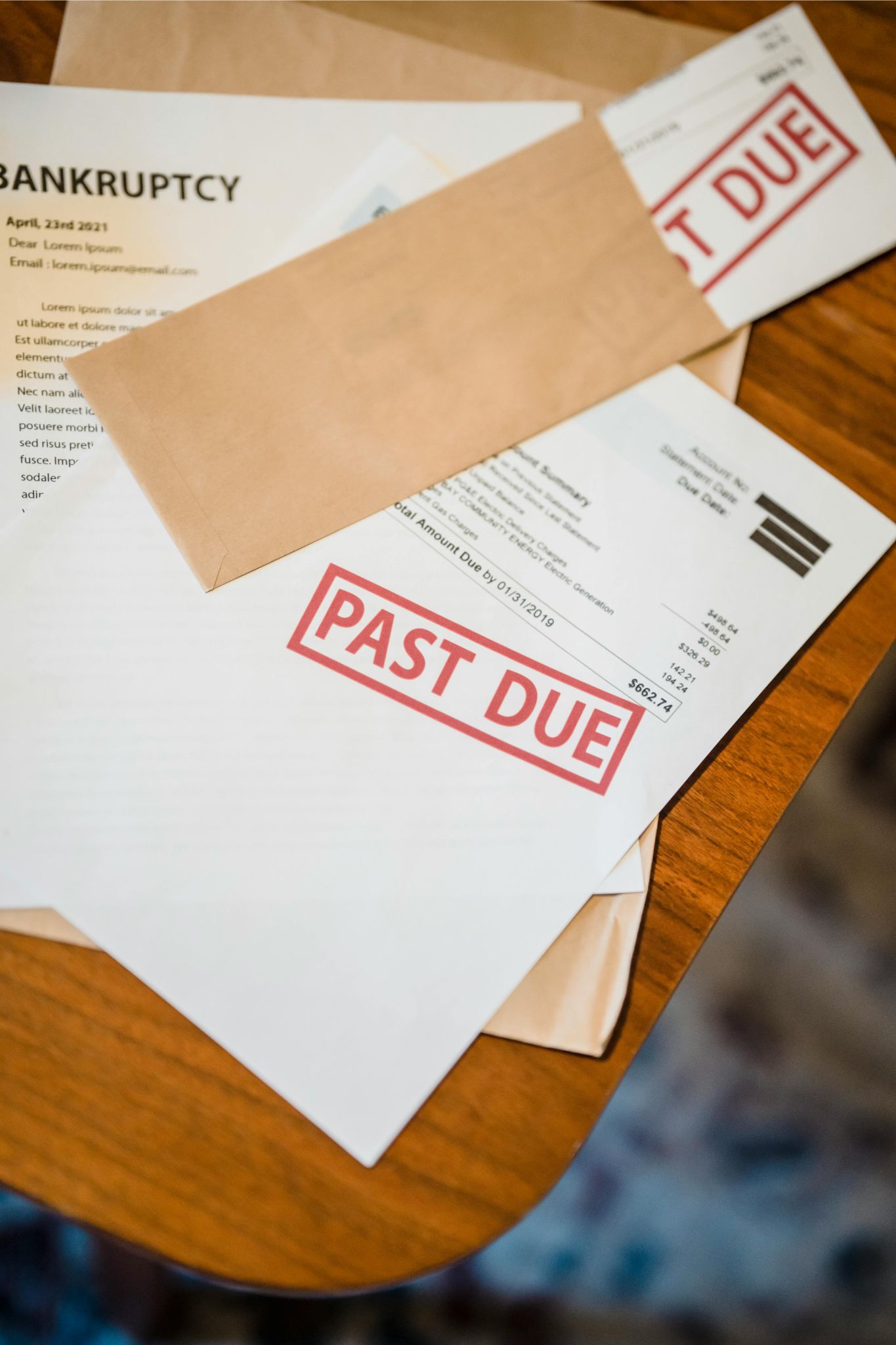 Close-up view of past due notices, unpaid invoices, and overdue bills scattered on a table, indicating financial distress, creditor pressure, and the consideration of filing for bankruptcy protection or seeking debt relief services to stop collections and lawsuits.